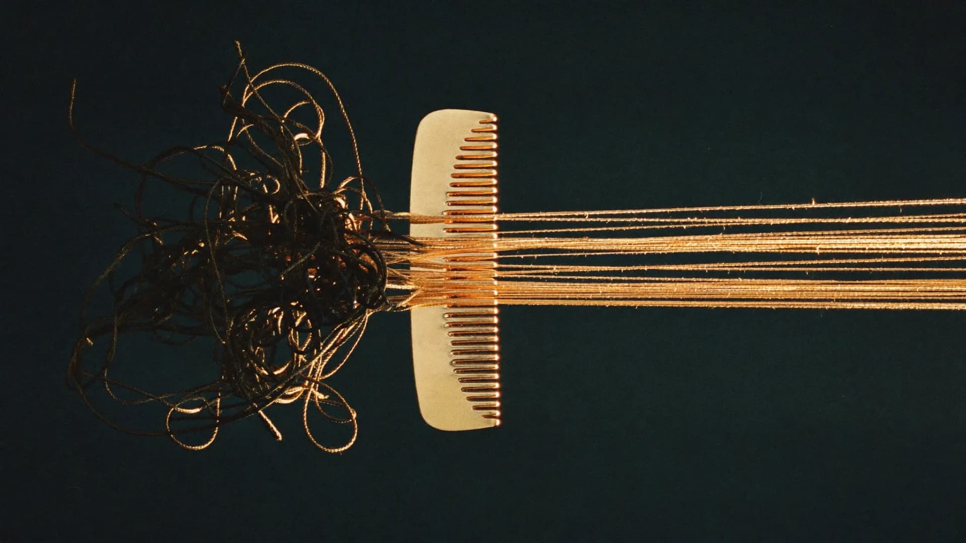 Tangled dark threads passing through a brass comb and emerging as parallel copper threads