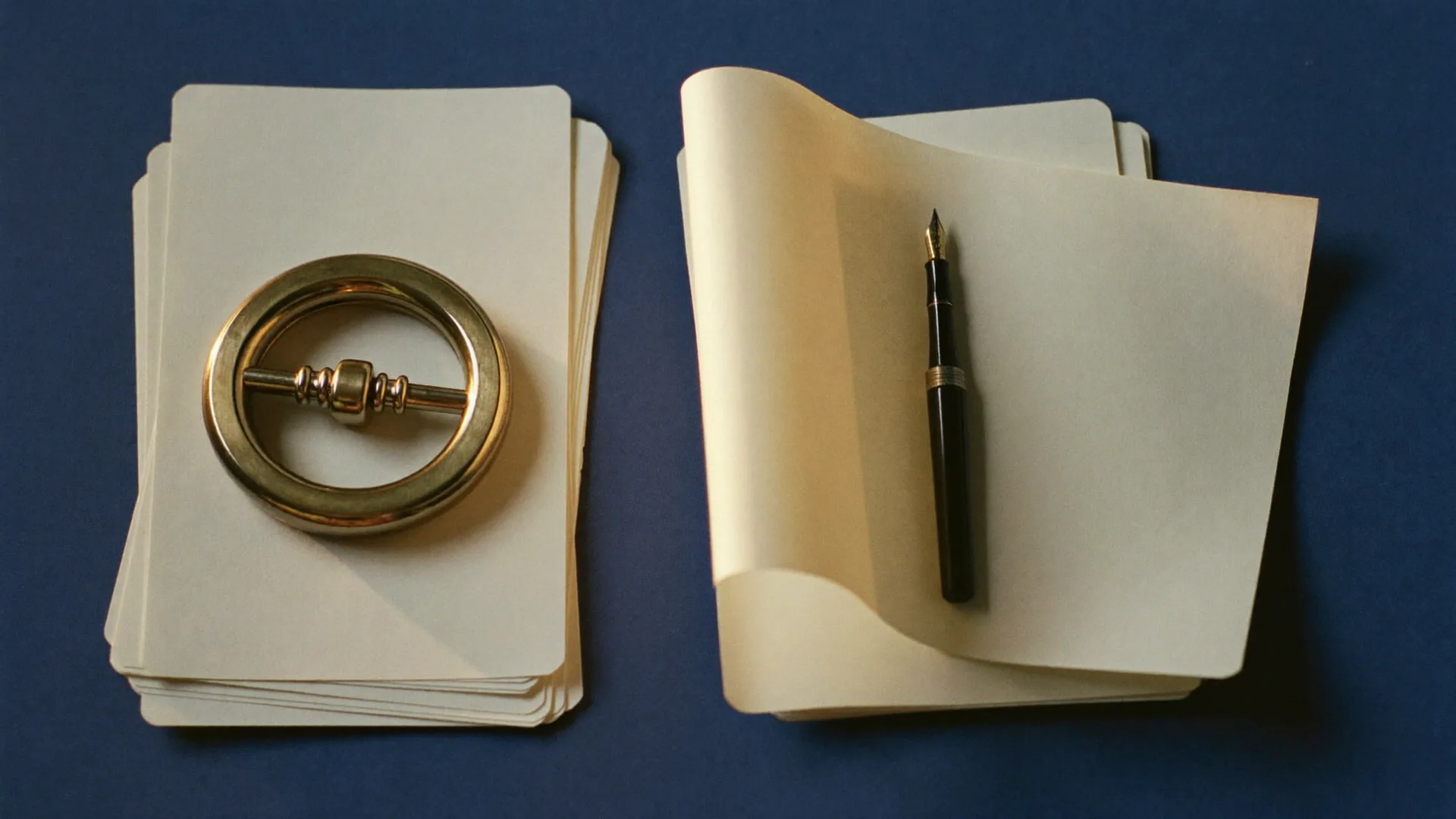 Two stacks of blank cards on a blue desk, a brass ring on one and a fountain pen on the other