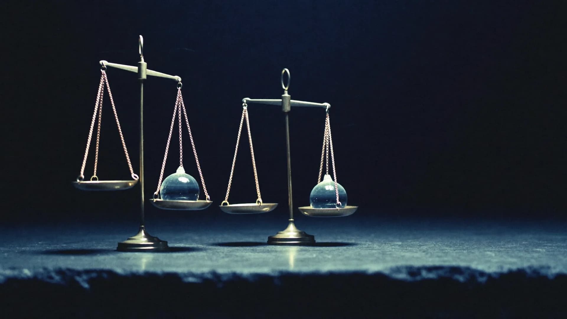 Two brass balance scales side by side, each weighing one glass sphere