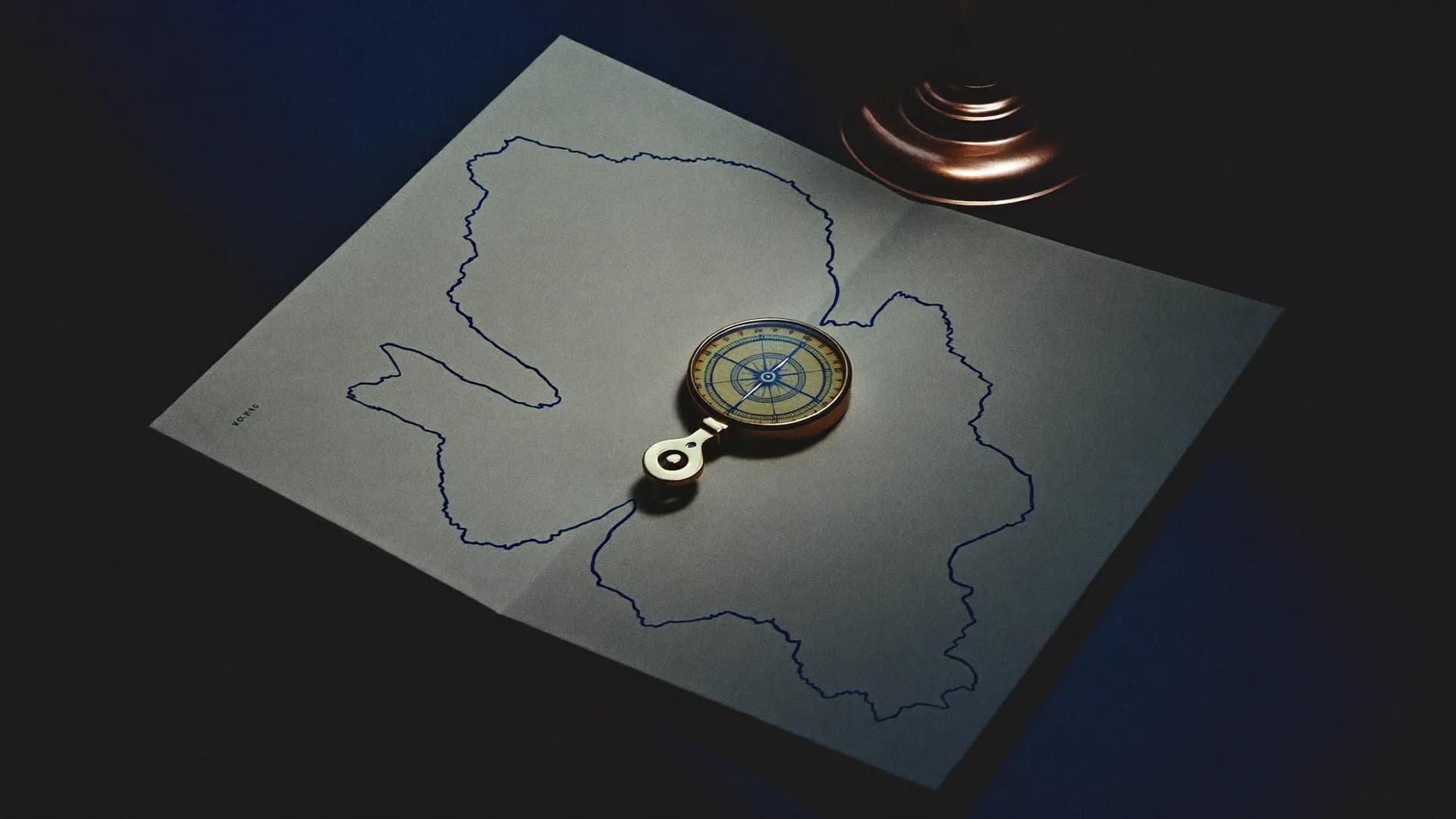 A folded sheet with one hand-drawn outline and a brass compass beside a copper lamp