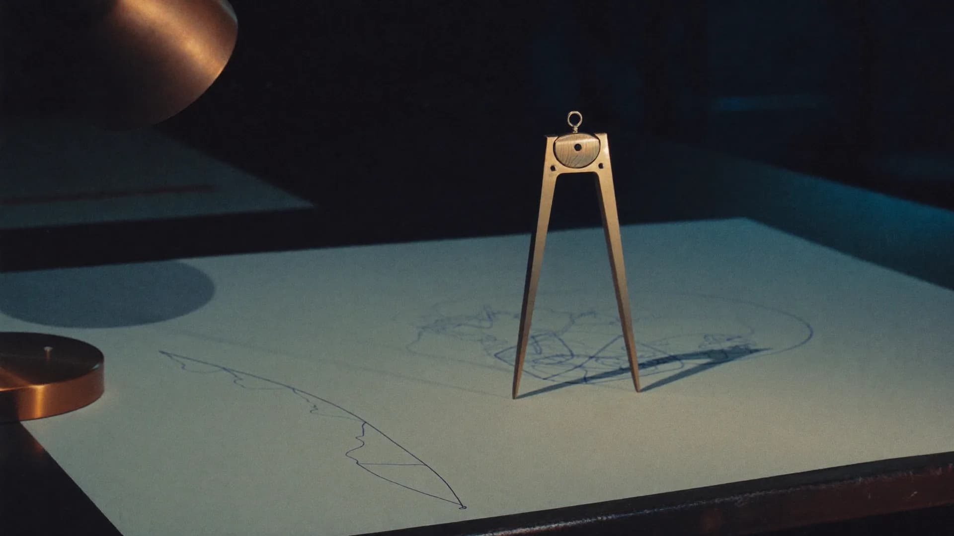 A brass drafting compass on a sheet with a defocused hand-drawn map