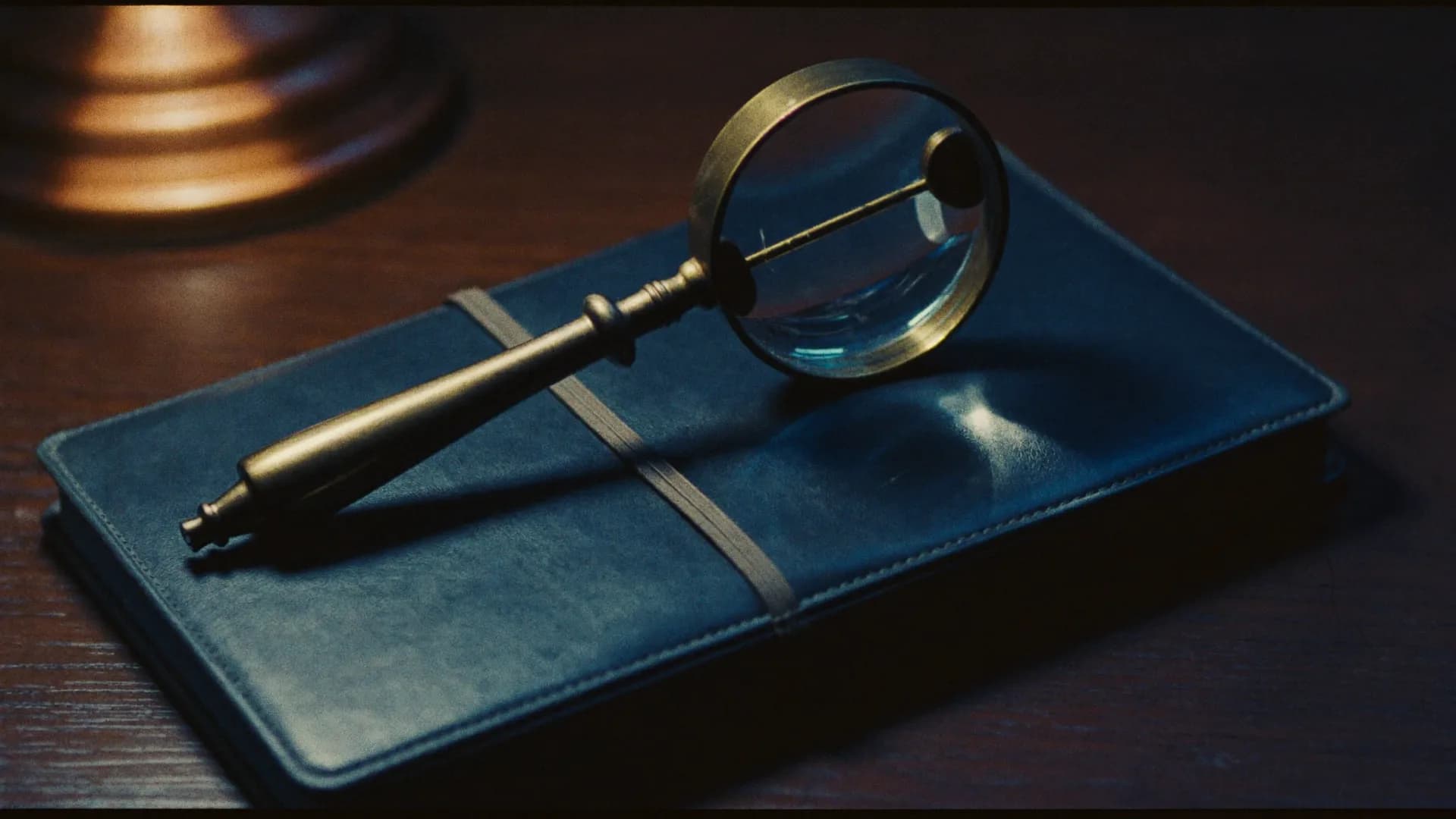 A brass loupe resting on a closed dark notebook