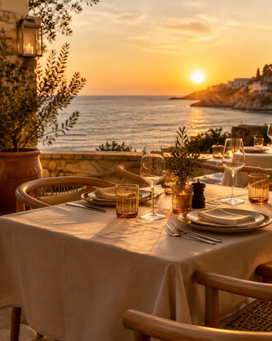 A table set for dinner on a seaside terrace at golden hour, warm light over the water