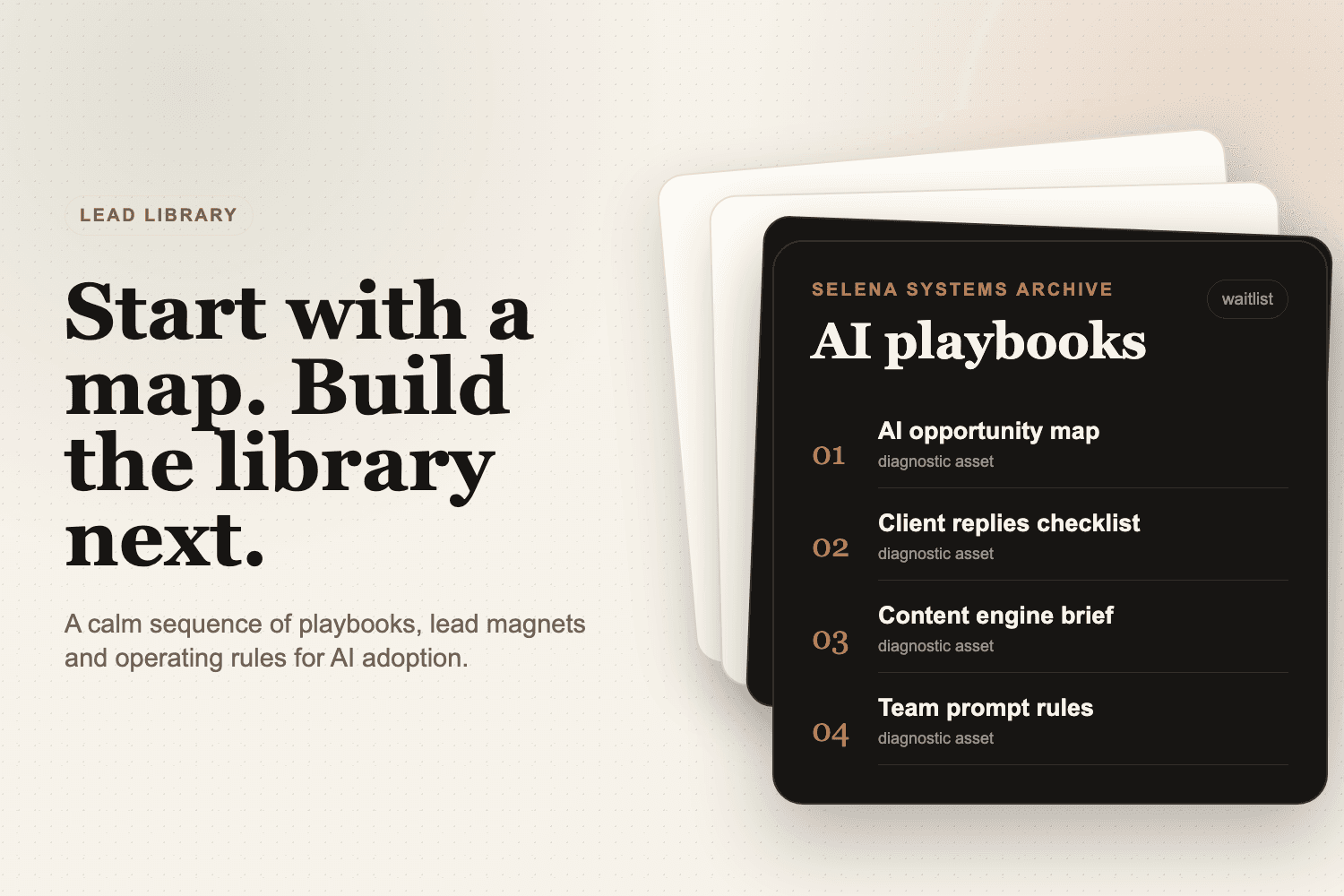 Selena Systems lead library visual with AI playbooks and diagnostic assets.