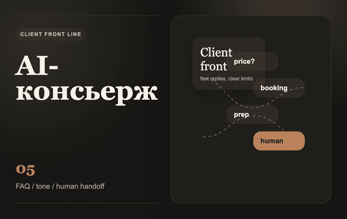 Кинематографичный кадр AI-консьержа: типовые клиентские вопросы переходят в быстрые ответы с границей передачи человеку.